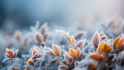 The delicate beauty of leaves covered in frost, set against a soft-focus winter background with a cool color palette