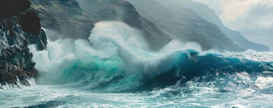 Water waves crash onto a rocky ocean cliff creating a dramatic spectacle