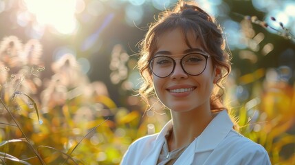 Happy scientist woman in glasses and lab coat smiling in tall grass field on sunny day