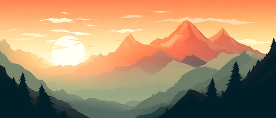 Illustration with mountain landscape in sunrise. Drawing with beautiful landscape.