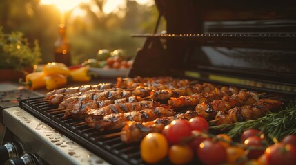 A grill is cooking a mix of meat and vegetables for a delicious meal - obrazy, fototapety, plakaty