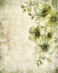 Vintage Sage Green Flowers on Rustic Background in Distressed Grunge Style