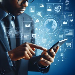 Close-up shots of a business man browsing e-commerce websites or apps on different devices. Technology blue concept.