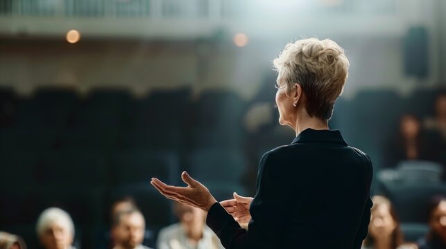 The poised professional captivates her audience with confident gestures, drawing them into her compelling presentation.
