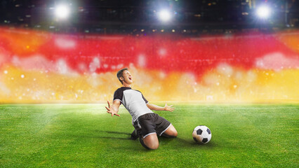 Textured soccer game field with neon fog, with germany flag and soccer player - center, midfield. 3D Illustration.