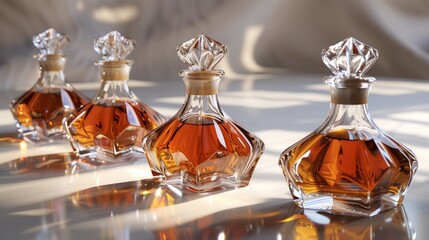 Four amber glass bottles of cognac sit on the table - obrazy, fototapety, plakaty