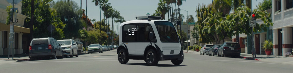 A self-driving shuttle bus travels along a city street lined with cars under clear skies
