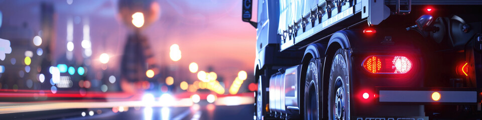 A truck drives through a city street as the sky fades from sunset to night