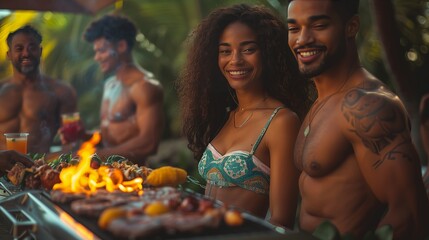 A man and woman sharing fun cooking an eventful landscape - obrazy, fototapety, plakaty