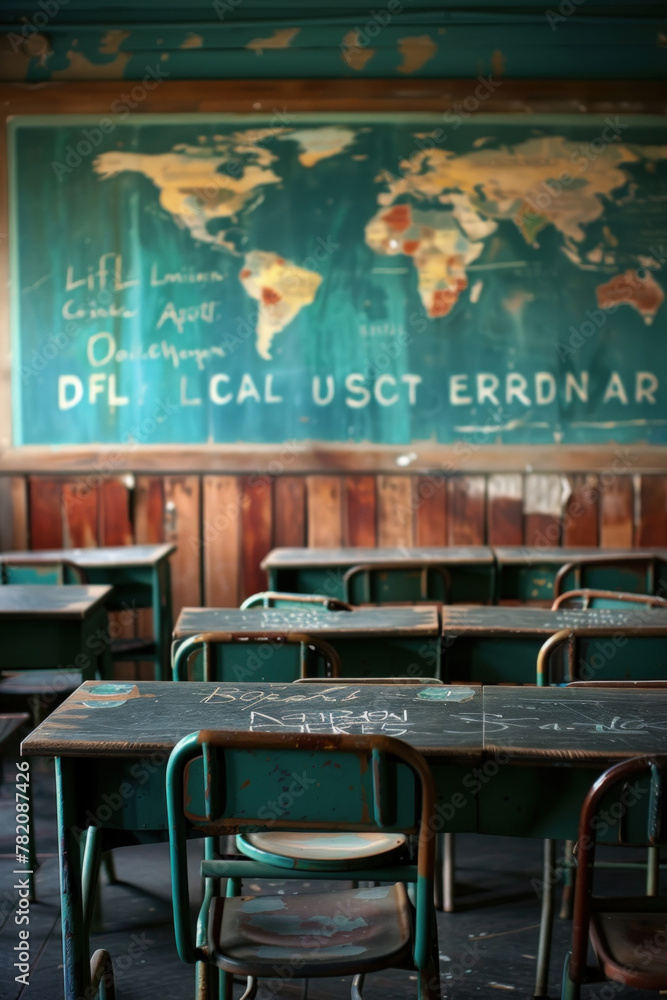 Poster classroom setting with desks in rows and map displayed on wall, ready for educational activities