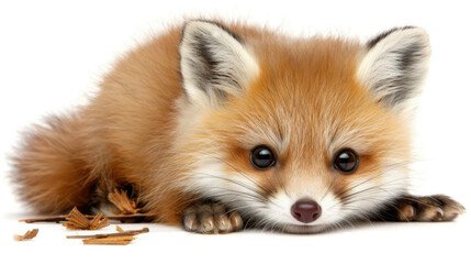 A small red fox is lying down on top of a white floor