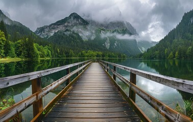 A wooden bridge over water with mountains in the background under a cloudy sky