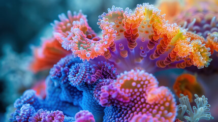 An up-close view of vibrant and diverse corals, showcasing their various colors and intricate details in an underwater setting - Powered by Adobe