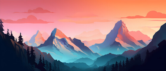 Illustration with mountain landscape. Drawing with beautiful landscape.	 - obrazy, fototapety, plakaty