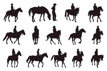 A set of silhouettes of a horse with a rider - obrazy, fototapety, plakaty