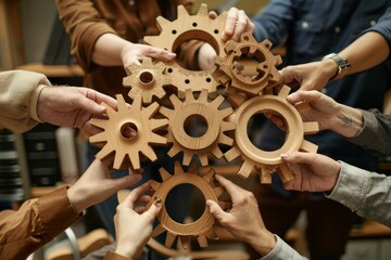 team of people assembling wooden gears in a circle concept photo for teamwork and cooperation concept on white background
