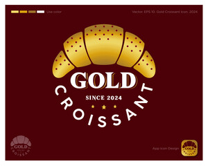 Gold Croissant emblem. Identity. Text  and gold croissant into a circle. Identity. App button.