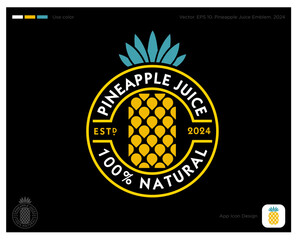 Pineapple Juice emblem. 100% natural product. Organic Juice. Geometric symbol of pineapple into circle with letters. Identity. App button.