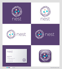 Nest icon. Some colorful eggs on a nest. Identity. App button.