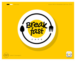 Breakfast cafe emblem. Identity. Text, fried egg, letters, spoon and fork into a circle. Identity. App button.