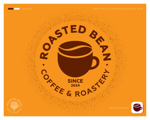 Roaster bean icon. Coffee emblem. Cup of coffee and coffee bean. Identity. App button.