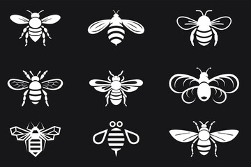 Set of icons of bees and wasps on a dark background. Bee logo