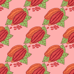 Cocoa beans - colorful seamless pattern. Hand drawn bright backdrop design. Line art