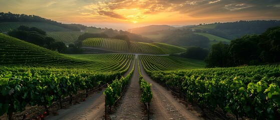 Serenade of the Vineyards at Dawn. Concept Vineyard Photography, Sunrise Photoshoot, Wine Country Portraits, Nature's Serenity - obrazy, fototapety, plakaty