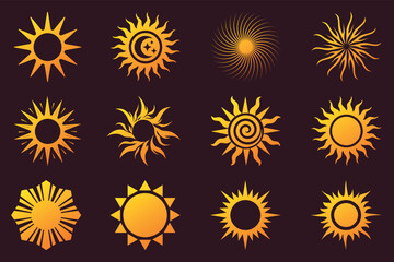 Shining sun symbol set. Radiant sun icon on a dark background