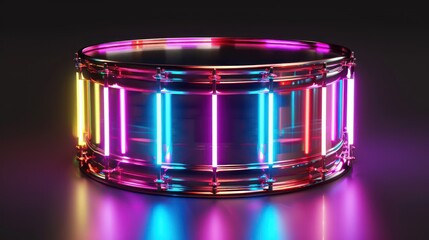 Neon glowing drum, musical abstract background. Generative AI