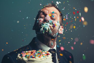 Cake on face of man in business suit, birthday party. Generative AI