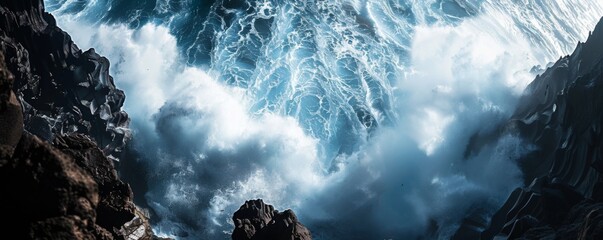 A wind wave crashes on a rocky cliff in the ocean under an electric blue sky