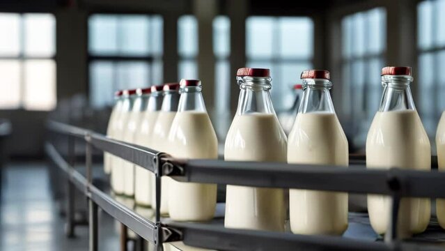 Glass bottles with milk move along conveyor belt at dairy factory, close-up. Production of clean, eco friendly dairy products without antibiotics.