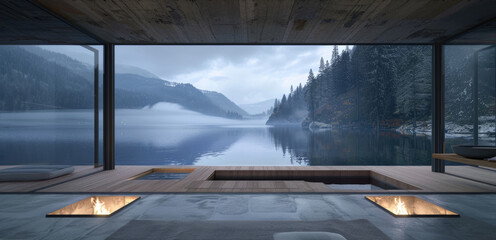 A living room with a large window providing a view of a serene lake surrounded by trees and nature