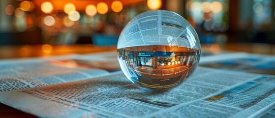 Crystal ball on financial newspaper, predicting markets, close view - obrazy, fototapety, plakaty