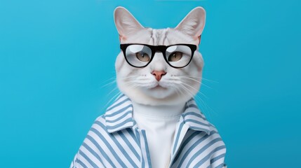 Portrait of a funny white cat in glasses and striped clothes on a blue background