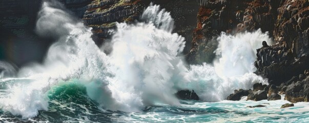 Water wave crashes on rocky shore, under cloudy sky