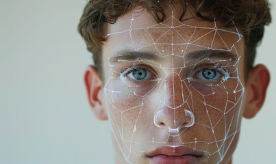 Young man with facial recognition technology on his face and computer screen in background
