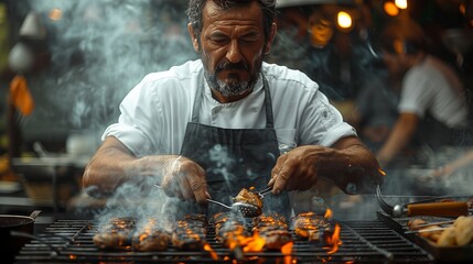 A man is grilling food at a restaurant, sharing his culinary skills - obrazy, fototapety, plakaty