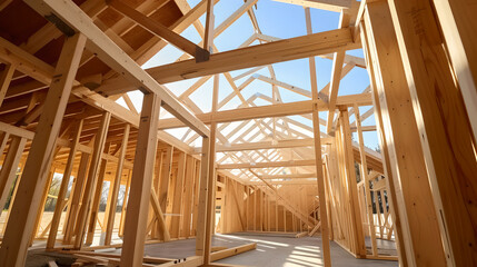  interior view of a wooden house frame under construction , Wooden foundations and columns, future house, preserving the environment, building real estate , dream home, blue sky