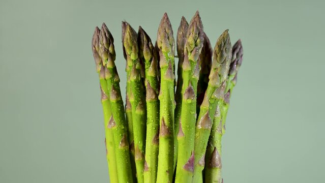 Bunch of fresh asparagus close up. Slowly rotation