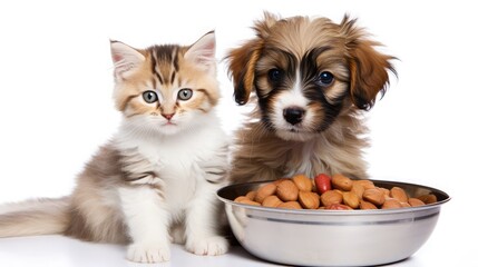 Puppy and Kitten holding bowl with dry food. isolated on white background.