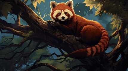Red panda high up in the trees - Awake