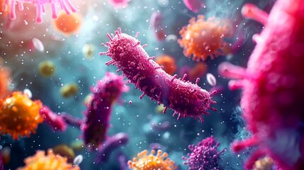 A stunning 3D illustration of microscopic pathogens with intricate details, highlighted by a dynamic and colorful backdrop.