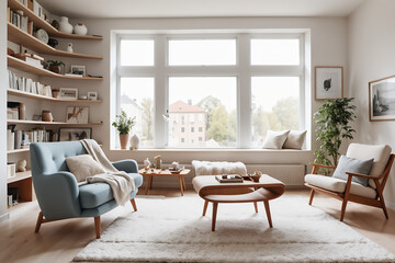 Cozy scandinavian style and modern design at home. Retro armchair and sofa, soft carpet, shelf with...