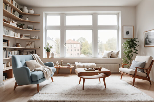 Cozy scandinavian style and modern design at home. Retro armchair and sofa, soft carpet, shelf with accessories and large window with daylight in living room interior, flat lay, panorama, free space