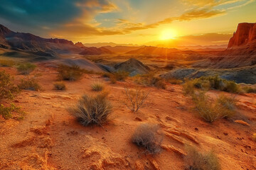 Sunrise in the red desert, yellow sand waves, the rising sun on cloudy sky, planet earth
