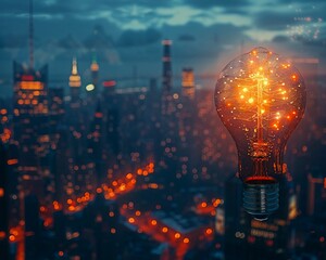A concept image of a glowing light bulb against a twilight city backdrop, symbolizing ideas, innovation, energy, and urban life.