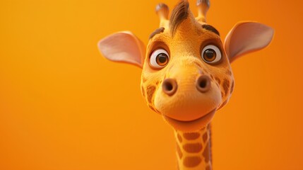 Funny jiraffe charachter for kindergarten or little child exibition showcase display surprised smiling animated 3D render on bright orange background with copyspace