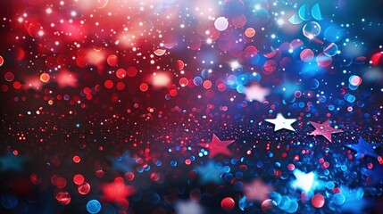 Shimmering glittering blue red and white stars lit by light festive patriotic background